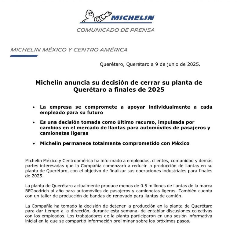 Michelin anuncia su decisión de cerrar su planta de Querétaro a finales de 2025