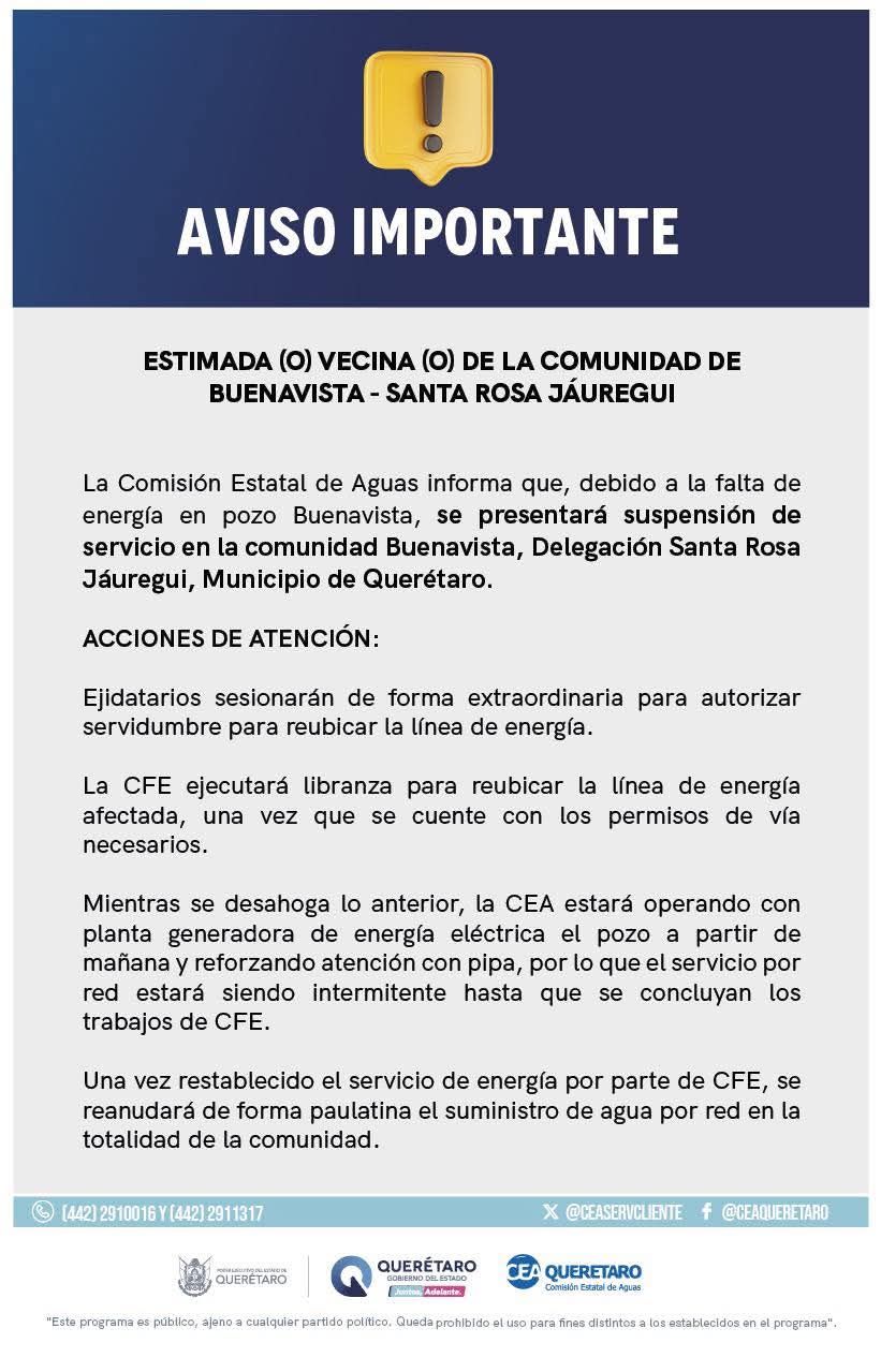 Falla de la CFE deja sin agua a comunidad de Buenavista en Santa Rosa Jáuregui