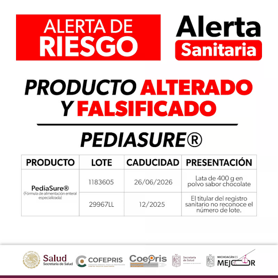Emite COFEPRIS Alerta Sanitaria por alteración y falsificación de los productos PediaSure