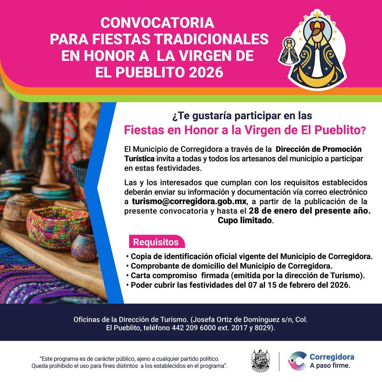 Abren convocatoria para artesanos en las Fiestas de la Virgen de El Pueblito 2026